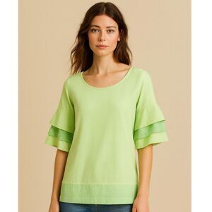 Soft Surroundings Ruffle Tier Sleeve Lime Green Tencel Top XL NWT Breezy Casual